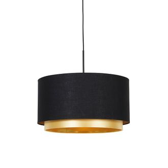 QAZQA Moderno L&aacute;mpara Colgante Moderna Negra Con Dorado 47 Cm Doble Pantalla - Combi Textil /acero Alargada Adecuado Para Led Max. 1 X 60 Watt - Qazqa