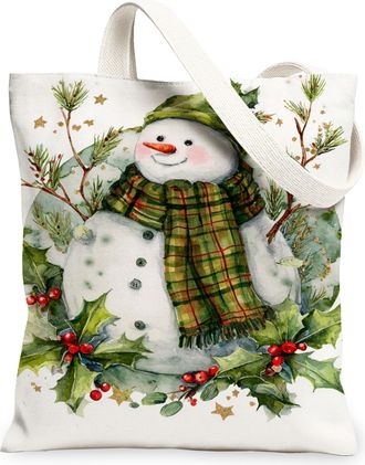 Generic Snow Man Canvas Tote Bags, Cute Winter Holiday Design Reusable Shopping Bags, Eco-Friendly Lightweight Washable Shoulder Strap Canvas for Gym Outdoor 