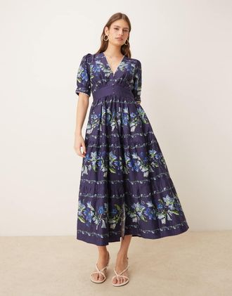 Hope & Ivy Vestito midi in cotone blu navy a fiori con bottoni sul davanti e scollo a V