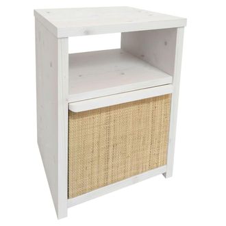 NATYAL Mesita de noche de madera blanco envejecido caj&oacute;n rafia natural 40cm