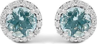 House of Brilliance 10K White Gold Blue Aquamarine and 1/6 Cttw Diamond Halo Stud Earring