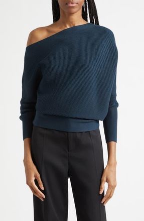 Reiss Lorna Rib Knit Off the Shoulder Top in Teal Green at Nordstrom, Size X-Large