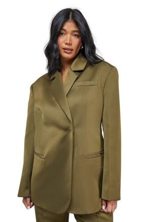 Warehouse Premium Satin Oversized Blazer in Olive at Nordstrom, Size 12