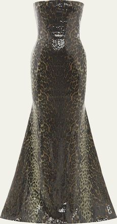 Alex Perry Strapless Leopard-Print Sequined Longline Trumpet Gown