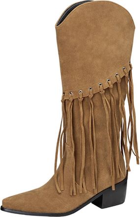 Generic Womens Western Fringe Knee High Boots Pointed Toe Faux Suede Chunky Block Heels Studded Cowboy Style Non Slip Comfortable Durable Daily Party,Khaki,6.