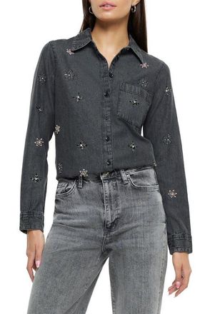 River Island Crystal Embellished Denim Button-Up Shirt in Grey at Nordstrom, Size 8