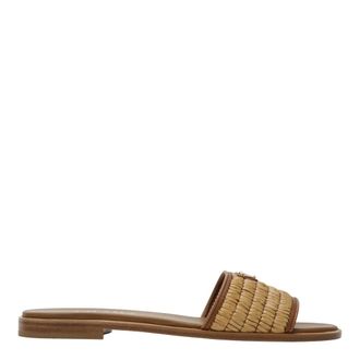 Prada Schoenen, Dames, Bruin, 39 EU, Leer, Crochet Slider Sandalen met Driehoek Logo
