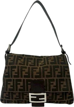 Fendi Pre-owned Shoulder Bags, female, Brown, Size: ONE SIZE Pre-owned Mamma Baguette Canvas Leather Shoulder Bag