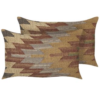 Beliani Beliani - Conjunto De 2 Cojines De Yute Algod&oacute;n Lana Beige Rojo Verde 30 X 50 Cm Deepor