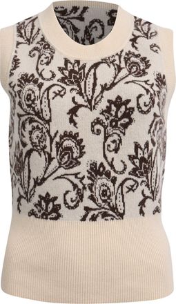 Sandro Sleeveless Paisley Print Knitted Vest in Beige Wool
