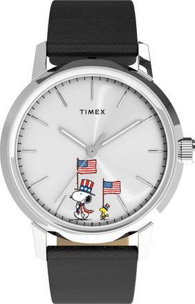 Timex Peanuts x Timex Marlin Automatic Americana 40mm Leather Strap Watch in Silver-Tone at Nordstrom
