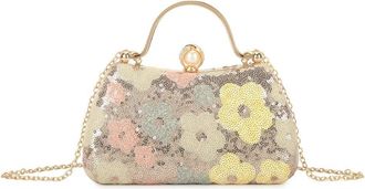 Girly HandBags Womens Floral Sequin Evening Clutch Bag with Top Handle and Chain Strap - Party, Wedding and Cocktail Purse Medium Rose Gold