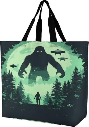 Generic Bigfoot And Aliens Reusable Shopping Bags Large Capacity Grocery Bag Heavy Duty Tote for Women 40x40x16cm