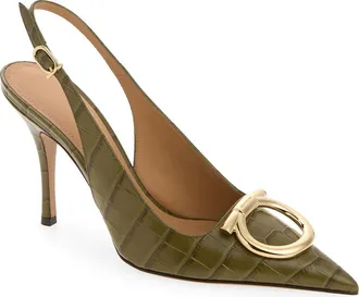 Ferragamo Sara Croc Embossed Pointed Toe Slingback Pump in New Olive Biscotto at Nordstrom, Size 7.5