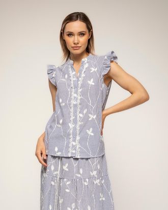 Tantra Gestreepte blouse met borduursels en kantdetail met ruches aan de mouwen