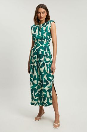 Karen Millen Womens Viscose linen geo print woven pintuck midi dress - Teal - Size 12 UK