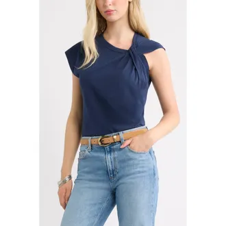 Treasure & Bond Twist Neck Asymmetric Sleeve Cotton Top in Navy Still at Nordstrom, Size Xx-Small