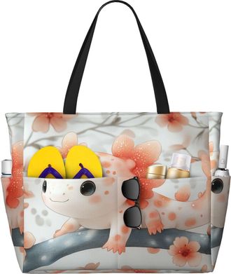 Generic Cute Axolotl Print Large Beach Bag Foldable Travel Shoulder Tote Bag With Pocket For Weekender Pool Vacation