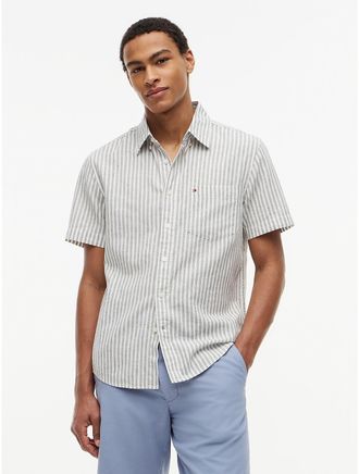 Tommy Hilfiger Mens Regular Fit Striped Linen-Blend Shirt - Green - XXL
