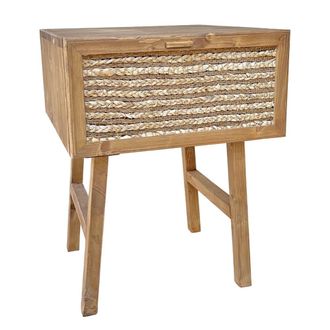 NATYAL Mesita de noche de madera maciza en tono roble y caj&oacute;n de yute 45cm