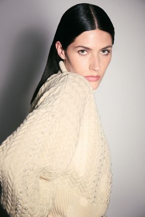 Karen Millen Womens Pearl Embellished Cable Knit Jumper - Cream Cotton - Size X-Small