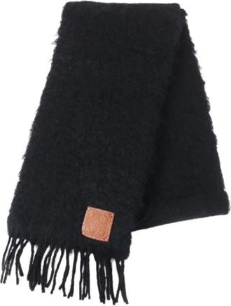 Loewe Pre-owned Scarves, female, Black, Size: ONE SIZE Pre-owned Anagram Leather Patch Fringe Wool Mohair Scarf