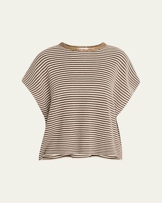 Brunello Cucinelli Striped Cotton Short-Sleeve Paillette-Neck Sweater