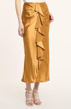 Cinq &agrave; Sept Cynthia Ruffle Ruched Silk Midi Skirt in Honey Clove at Nordstrom, Size 12