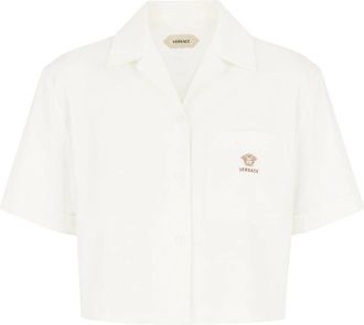 Versace Kanten katoenen poplin blouse - Dames - Overhemden - Wit - M - Katoen - Overhemden