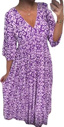 Generic Womens Bohemian Casual Print V-Neck Waist wrap Wrap 3/4 Sleeve Midi Plus Summer Floral Dress (Purple,XXL)