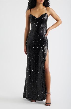 Emerald Sundae Sequin Faux Pearl Lace Up Gown in Black /Ivory at Nordstrom, Size X-Small