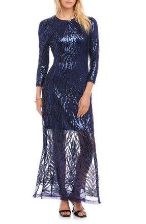 Karen Kane Sequin Long Sleeve Evening Gown in Navy at Nordstrom, Size X-Large