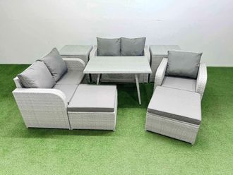 Fimous 7 Seater Rattan Garden Furniture Set with Rectangular Dining Table in Light Grey