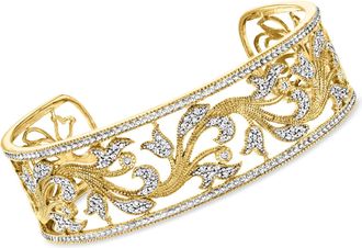 Ross-Simons Diamond Floral Filigree Cuff Bracelet in 18kt Gold Over Sterling