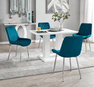 Furniturebox Imperia 4 Seater Modern White High Gloss Rectangular Dining Table & 4 Persaro Velvet Chairs in Blue