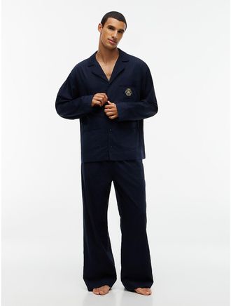 Tommy Hilfiger Mens Crest Logo Dobby Shirt & Pant Sleep Set - Tonal Woven Stripe - XL