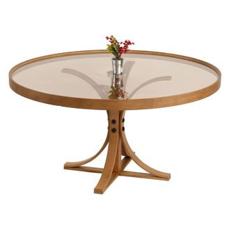 Dmora Mesa De Sal&oacute;n Santhia, Tapa De Vidrio Templado, Forma Redonda, Estructura De Vidrio, 80x80x47h Cm Roble Marr&oacute;n