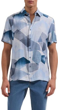 Bugatchi Vero Shaped Fit Abstract Geometric Print Short Sleeve Button-Up Shirt in Hazy Blue at Nordstrom, Size Xxx-Large