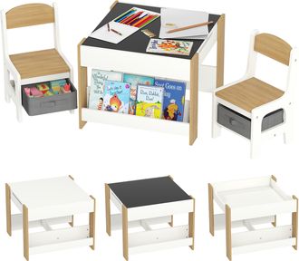 OEM Juego De Mesa Con Sillas Para Ni&ntilde;os 3 En 1 Con Pizarra Cajones De Tela Y Espacio De Almacenamiento Blanco Y Natural