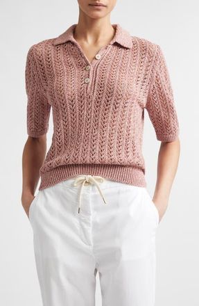 Eleventy Open Stitch Cotton & Linen Blend Polo in 174 Raspberry at Nordstrom, Size X-Small