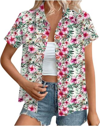 Generic Hawaiian Shirts for Women Summer Beach Shirt Trendy Tropical Floral Print Tshirts Casual Button Down Short Sleeve Blouses Plus Size Tees Fashion Outfi