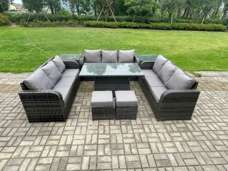 Fimous 11 Seater Garden Dining Sets Outdoor Rattan Furniture Lounge Sofa Height Adjustable Rising lifting Table in Dark Grey