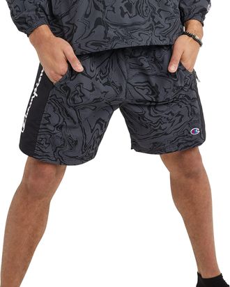 Champion Hybrid, Lightweight Shorts for Men, C Logo, 7, Liquid Marble Stealth/Black Waves Script, XX-Large