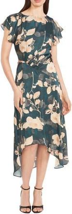 Maggy London Floral Cap Sleeve Asymmetric Midi Dress in Teal/Gold at Nordstrom Rack, Size 16