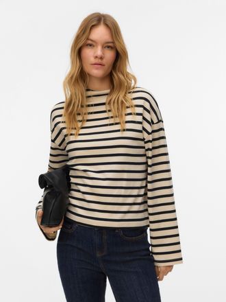 Vero Moda Langarmshirt VERO MODA VMURENA LS OVERSIZED FUNNEL NECK TOP JRS, Damen, Gr. XS, birch stripes:schwarz, Jersey, Obermaterial: 100% Baumwolle, gestreift