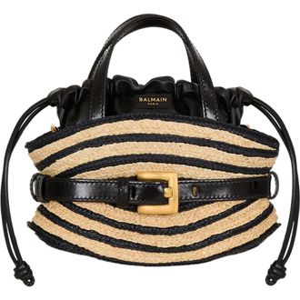 Balmain Mini Shuffle bag in smooth leather and raffia in Beige at Nordstrom
