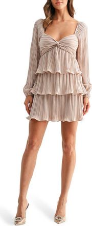 Lush Tiered Long Sleeve Pliss&eacute; Dress in Champagne at Nordstrom Rack, Size X-Small
