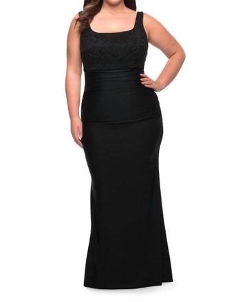 La Femme Squareneck Jersey Skirt And Lace Bodice Gown In Black