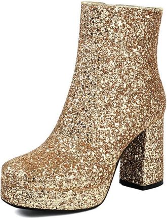 Generic Womens Glitter Platform Ankle Boots Sequin Round Toe Block Heel Side Zipper Party Evening Pumps Shoes (5.5,Gold)