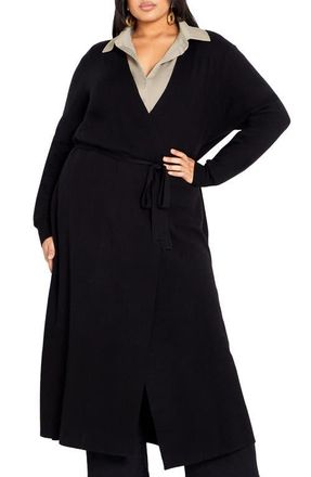 City Chic Goldie Tie Waist Cardigan in Black at Nordstrom, Size Xxl